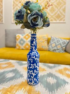 Handpainted Blue Floral Glass Bottle Vase