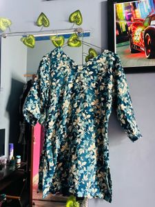 Teal Blue Floral Printed Kurti