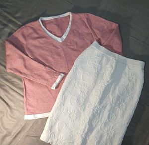 Pink Sweater & White Skirt Set