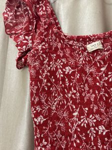 Red Floral Print Smocked Dress