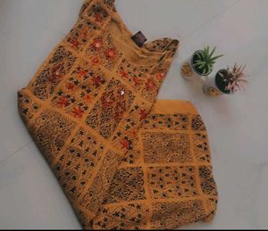 Mustard Block Print Kurti with Mirror & Thread Emb