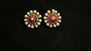 Pearl &amp; Red Flower Stud Earrings