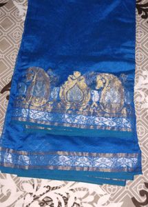 Blue Cotton Silk Saree with Silver Detail