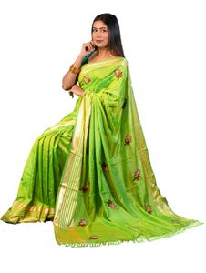 Green Embroidered Silk Saree Without Blouse