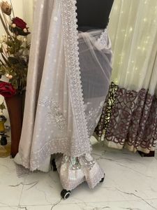 Elegant Grey Embroidered Saree