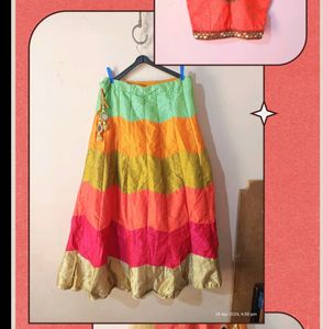 Peach Color Choli And Multicolor Lehenga