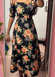 Black Floral Midi Dress Aesthetic New