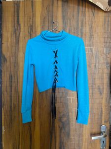Blue Lace-Up Ribbed Crop Top