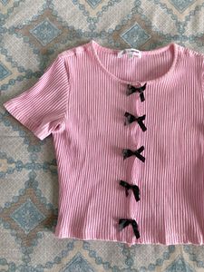 pink with black bow ribbed top 🎀