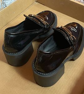 Chunky Heel Loafers - Black Patent