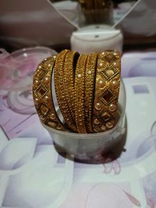 Golden Pearl &amp; Rhinestone Bangles (Set of 5)