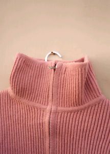 Pink Ribbed Knit Zip-Up Sweater