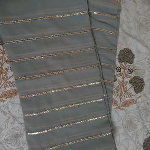 Grey &amp; Gold Striped Saree With Blouse Piece