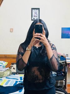 Elegant Black Sheer Embroidered Mesh Top