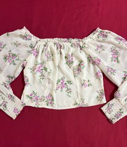 Beige Off Shoulder Floral Top