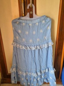 Blue Embroidered Tiered Skirt