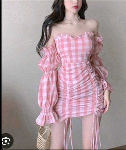 Pink Gingham Off-Shoulder Dress