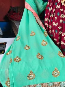 Teal &amp;green Embroidered Saree