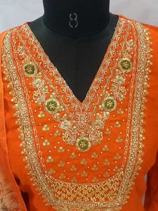 New Orange Golden detailing Kurta Set