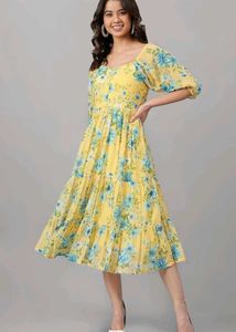 Janasya Georgette Printed Floral Midi Dress