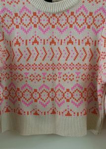 H &amp; M -White Sweater with Playful Pink and Orange