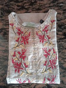 Embroidered Beige Kurta for Girls
