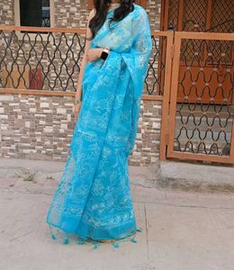 Saree With High Neck Blouse