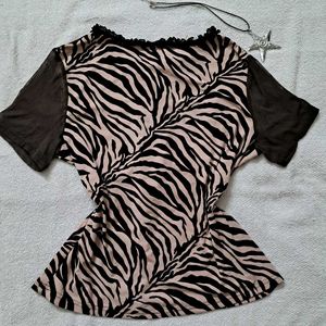 Y2k Vintage Zebra Print Top with Lace Details