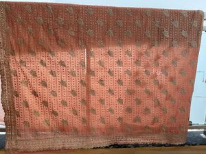 Pink &amp; Gold Embellished Saree With Stitched Blouse