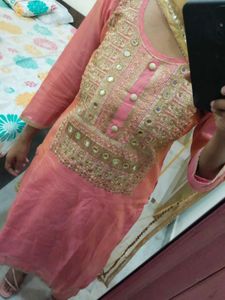 Peach Embroidered Salwar Suit Set For Women