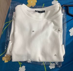 Zara White Embellished T-Shirt Dress