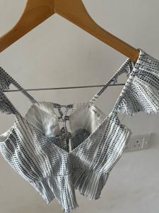 Mango off White Printed Top w Open Back Details