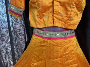 Orange Full Embroidery Round Mirror Lahenga Set