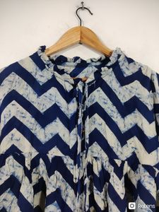 Navy Blue Printed Bell Sleeves Western Top (Women)