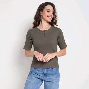 Olive Ribbed Henley Tee
