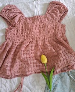 Pink Puff Sleeve Tie-Front Top