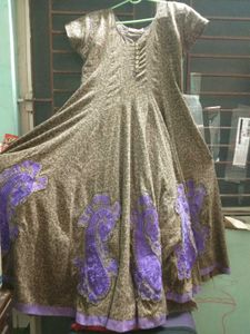 Aesthetic Grey Purple Printed Cotton Anarkali Suit