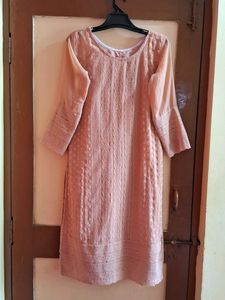 Trendy Nude Colour Chikankari Long Kurti