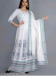 White Printed Anarkali Kurti Set