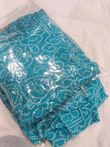 Teal Bandhani Dress Material with Gold Embroidery