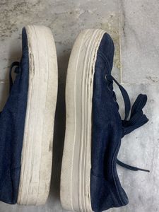 Denim Blue Embroidered Platform Shoes In Size 38