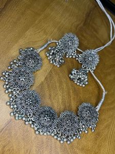 Oxidized Silver Choker Necklace Set with Jhumka Ea