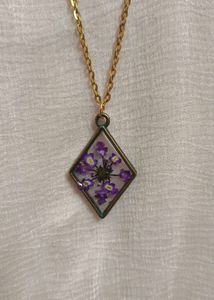 Hand-pressed real resin flower pendent with chain