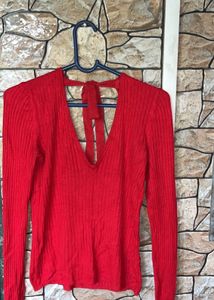 Red Ribbed Knit Top with Tie Back