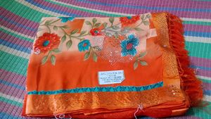 Orange Floral Sari with Embellishments