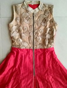 Red Zipper Gown Dress With Golden Lengha Size-M