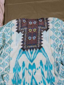 Teal &amp; White Printed Kaftan Suit Set