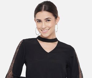 Women Black V Neck Top