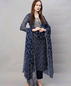 Blue Straight Kurti Pant Dupatta Set