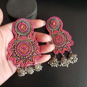 Pink Beaded Jhumka Earrings